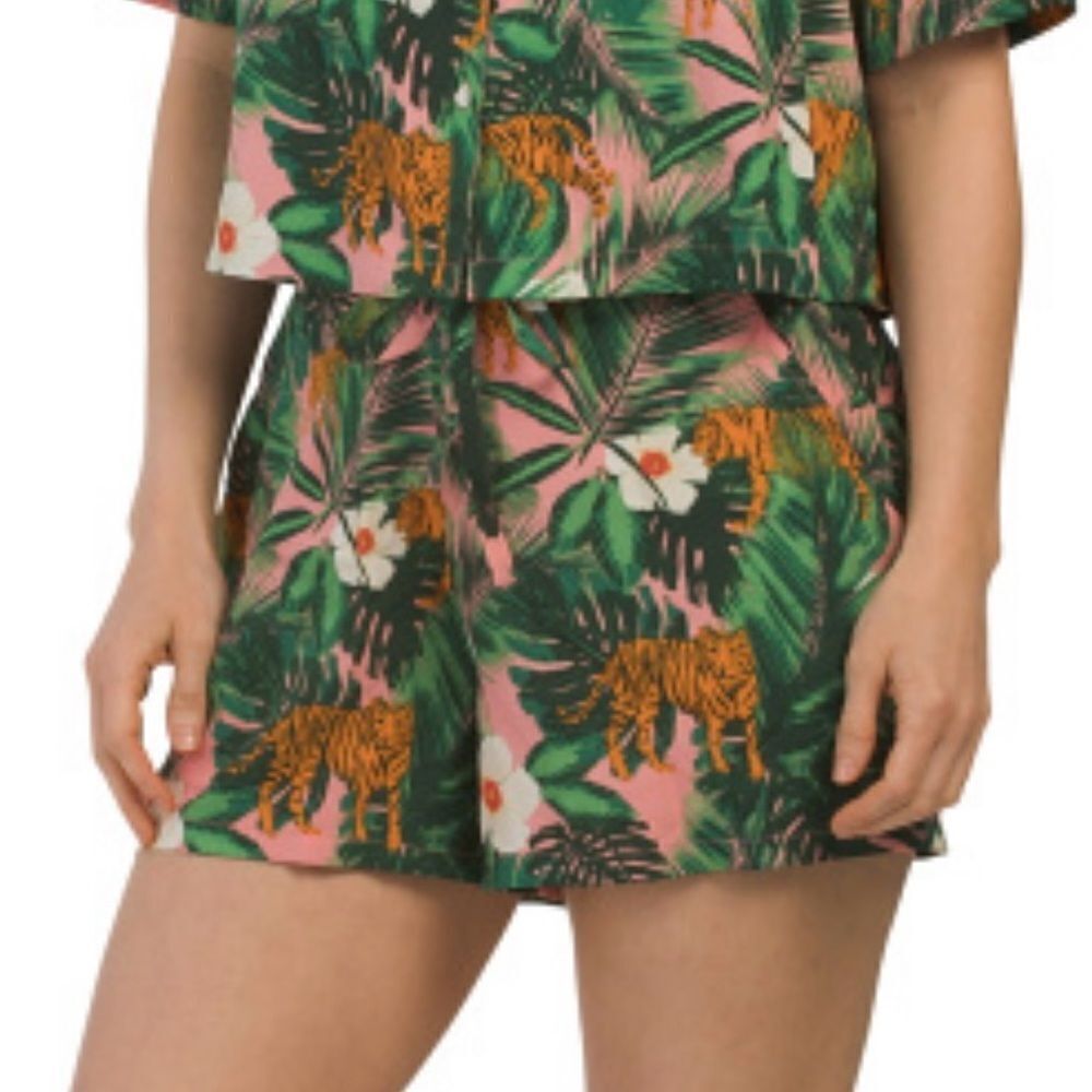 Cynthia Rowley M-L Green Orange Tropical Jungle Tiger Cropped Top & Short PJ Set - Picture 5 of 16